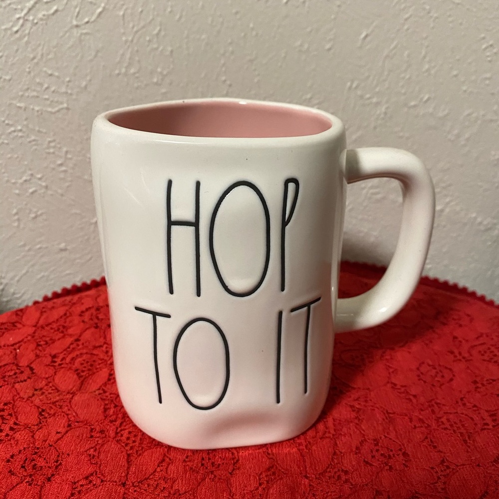 Rae Dunn Easter mug with ‘Hop to it’ text